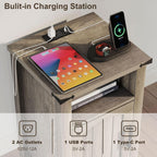 Farmhouse Nightstand with Charging Station, Set of 2 End Table with USB/Type-C Ports and Power Outlets, Rustic Bedside Table with Large Storage and Open Shelf, Modern Side Table for Bedroom, Gray