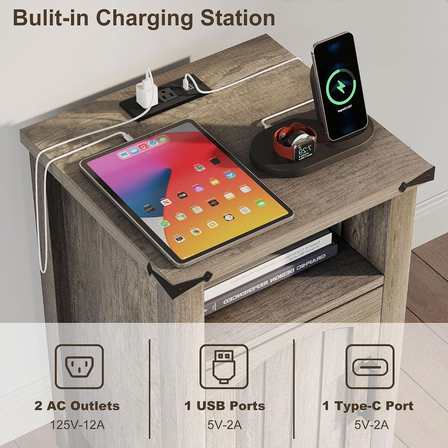 Farmhouse Nightstand with Charging Station, Set of 2 End Table with USB/Type-C Ports and Power Outlets, Rustic Bedside Table with Large Storage and Open Shelf, Modern Side Table for Bedroom, Gray