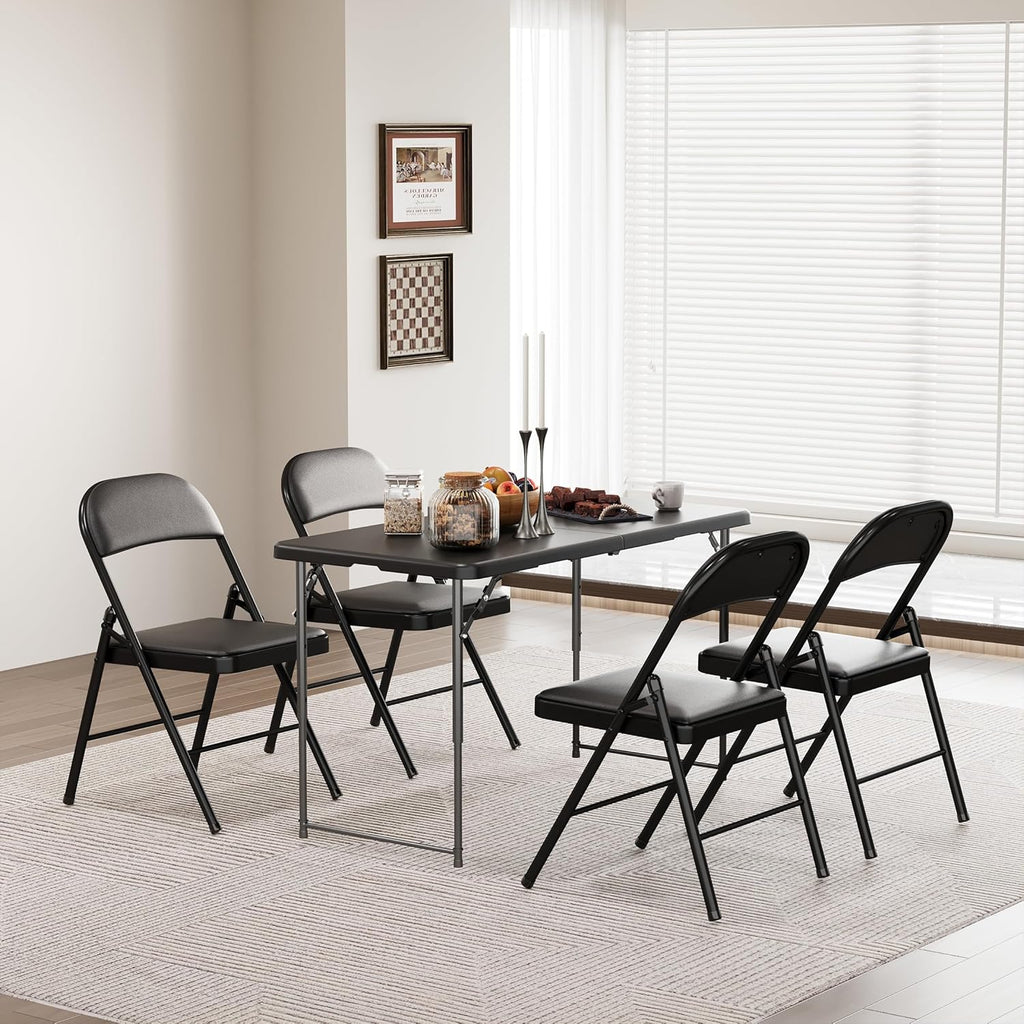 1 Pack Folding Chairs with Cushion Padded - Metal Chairs w/Comfortable Seats and Durable Steel Frame Foldable Chair for Indoor Outdoor Wedding, Party, Backyard & Office Events (Black, 1 Pack)