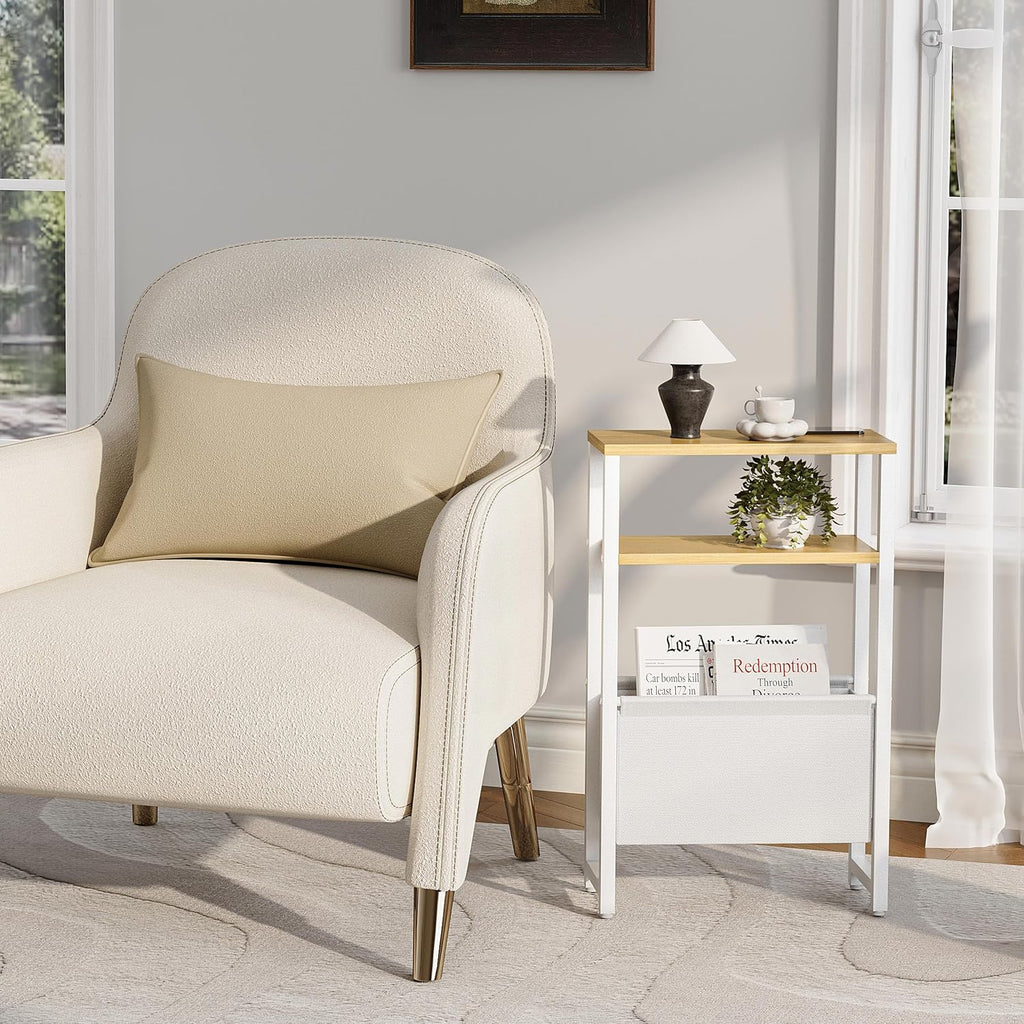 Narrow Side Table, Slim End Table with Magazine Rack, Skinny Bedside Table for Small Spaces, 3 Tier Sofa Couch Table Nightstand for Living Room, Bedroom, Natural LET503Y
