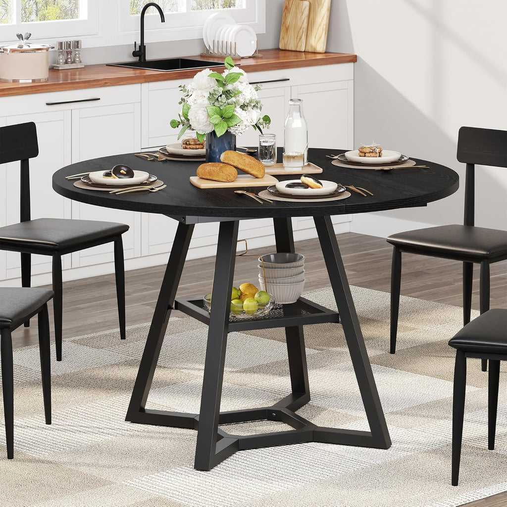 knoworld 43" Round Dining Table for 4, Kitchen Tables Dining Room Circle Dinner Table with Pedestal Metal Frame, Space Saving Wood Industrial Kitchen & Dining Room Tables, Black 43In