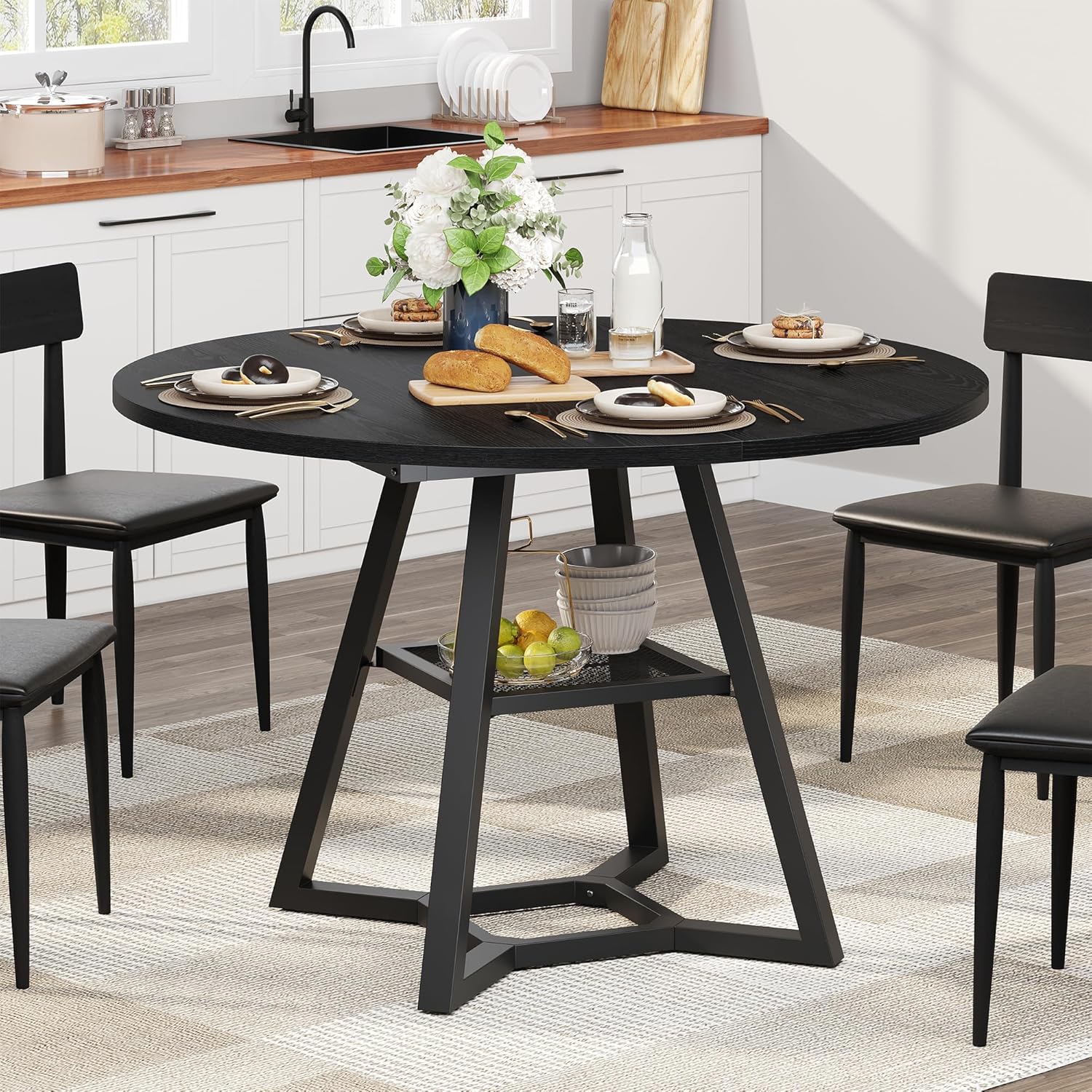 knoworld Round Dining Table for 4, Kitchen Tables Dining Room Circle Dinner Table with Pedestal Metal Frame, Space Saving Wood Industrial Kitchen Tables for Dining Room, Living Room, Black, 47 Inch