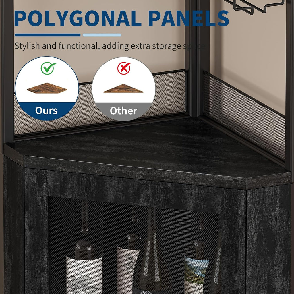 IDEALHOUSE Corner Bar Wine Cabinet with Glass Holder Wine Bar Rack Cabinet with Mesh Door & Glass Holder,Industrial Liquor Cabinet for Home, Kitchen, Dinning Room,Black