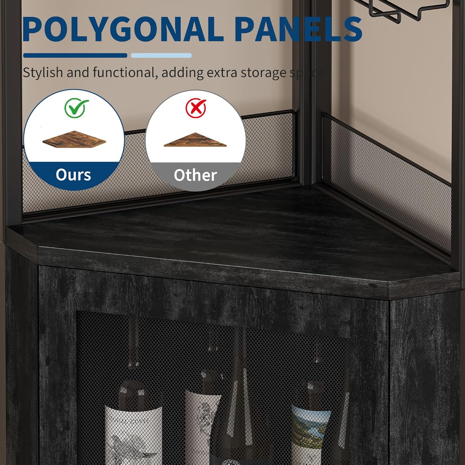IDEALHOUSE Corner Bar Wine Cabinet with Glass Holder Wine Bar Rack Cabinet with Mesh Door & Glass Holder,Industrial Liquor Cabinet for Home, Kitchen, Dinning Room,Black