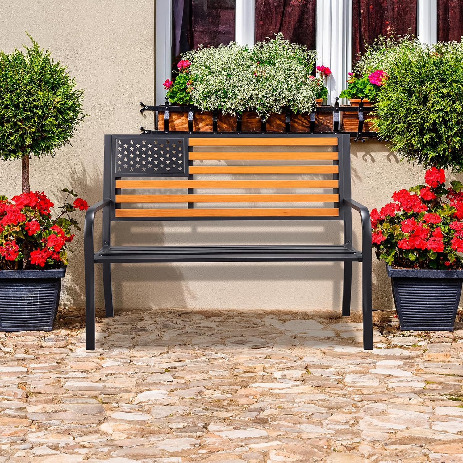 VINGLI Outdoor Metal Bench, 50in Weatherproof Garden Bench w/American Flag Style, 2-Person Sturdy Steel Patio Bench for Front Porch Yard Park
