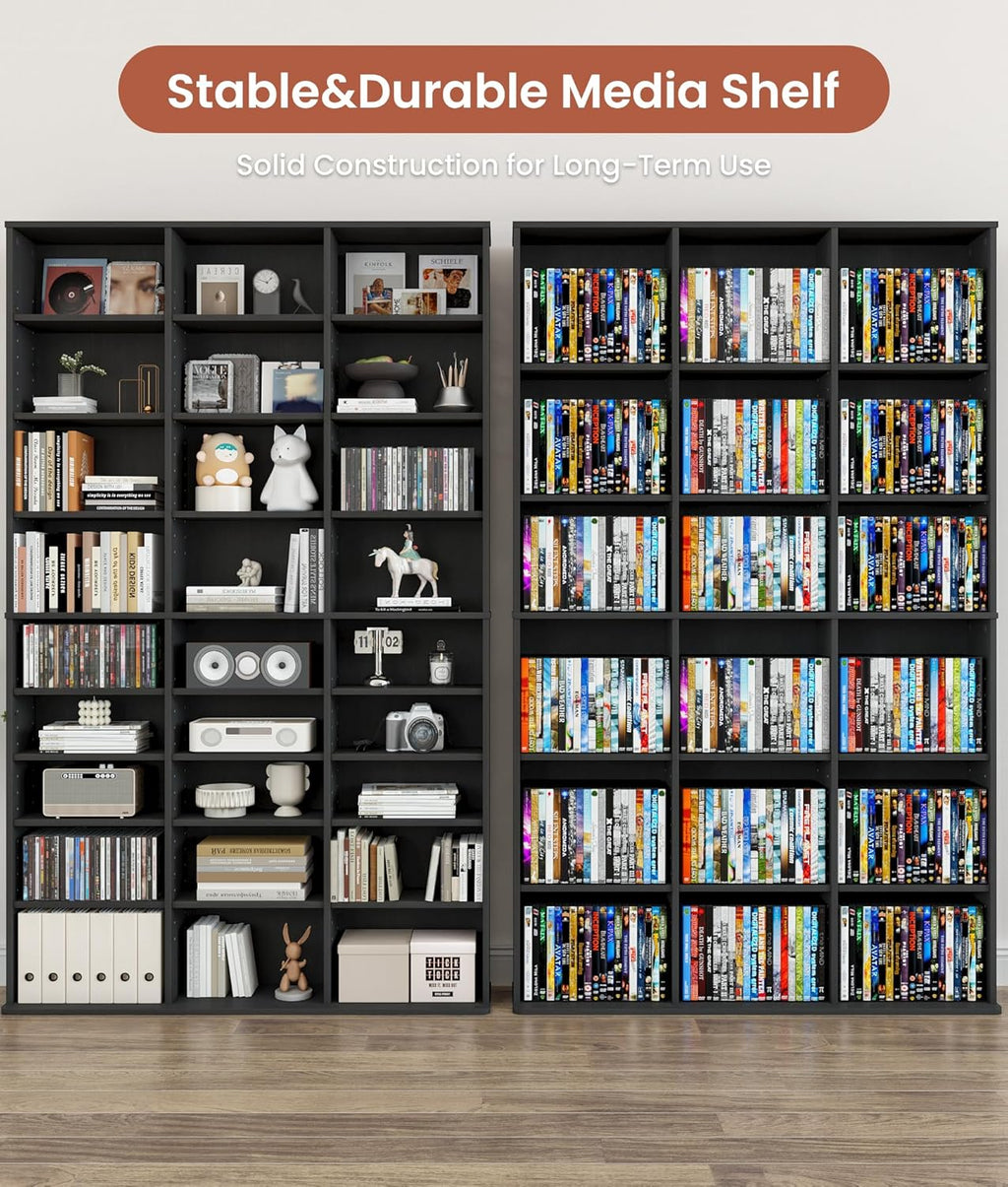 DVD Shelf Storage, 9-Tier Media Storage Cabinet with Adjustable Shelves CD Cabinet Media Tower for DVDs CD Holder, Books, Games, Blue Rays, Black