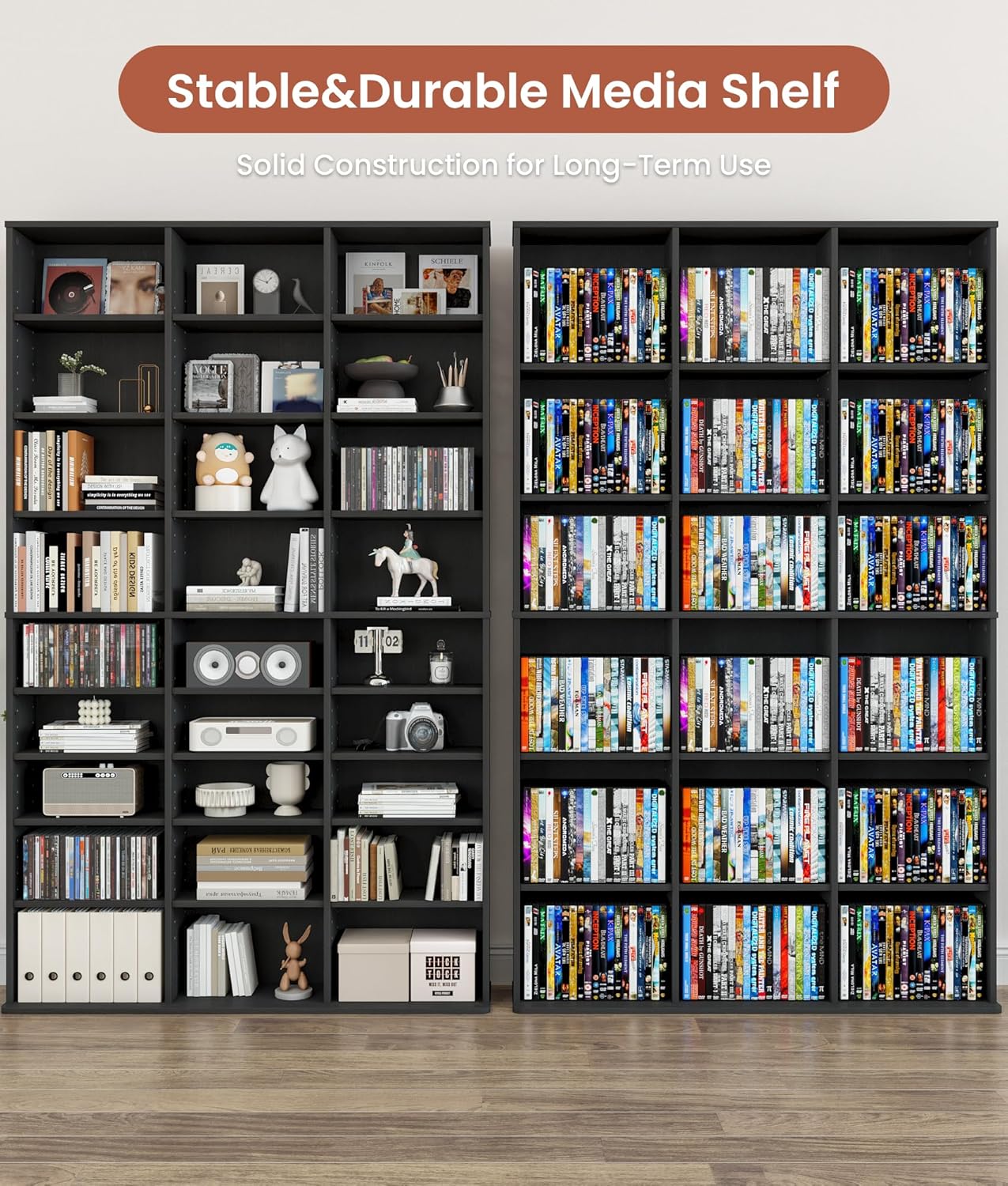 DVD Shelf Storage, 9-Tier Media Storage Cabinet with Adjustable Shelves CD Cabinet Media Tower for DVDs CD Holder, Books, Games, Blue Rays, Black