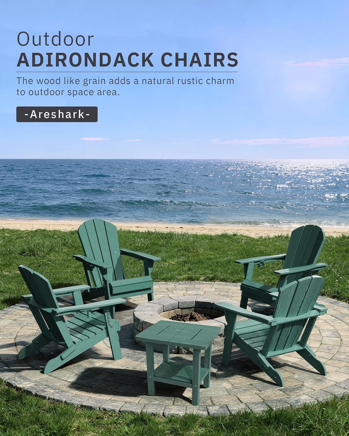 AreShark Folding Adirondack Chairs Set of 2, Wooden Textured Patio Chairs with Cup Holder,HDPE All Weather Fire Pit Chairs for Outdoor Backyard Lawn Poolside Deck Porch Garden,Aruba Blue