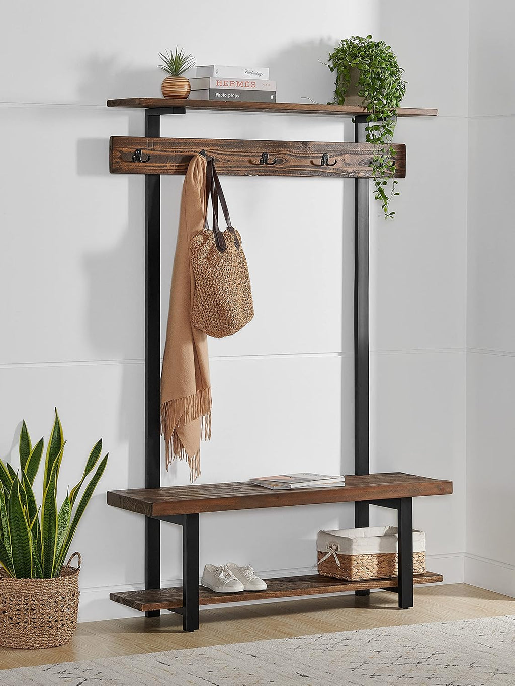 Alaterre Furniture Pomona Coat Hooks – Modern Farmhouse 48" Solid Wood Hall Tree with Bench, Shelves & Metal Coat Hooks – Mudroom & Foyer Storage for Jackets, Bags & Shoes (Rustic Brown)