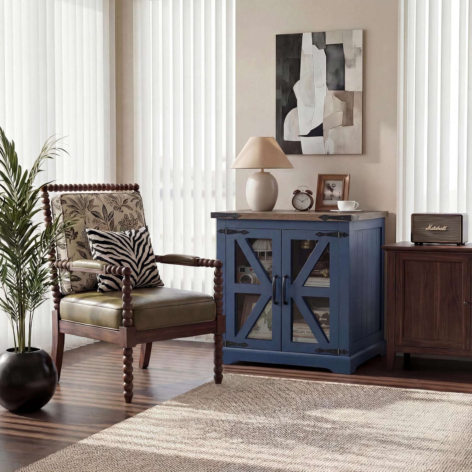 Farmhouse End Table, 24" Large End Tables with Storage, Rustic Square Sofa Beside Table with Glass Barn Door, Wood Side Table Square Nightstand for Living Room, Bedroom, Office (Misty Blue)