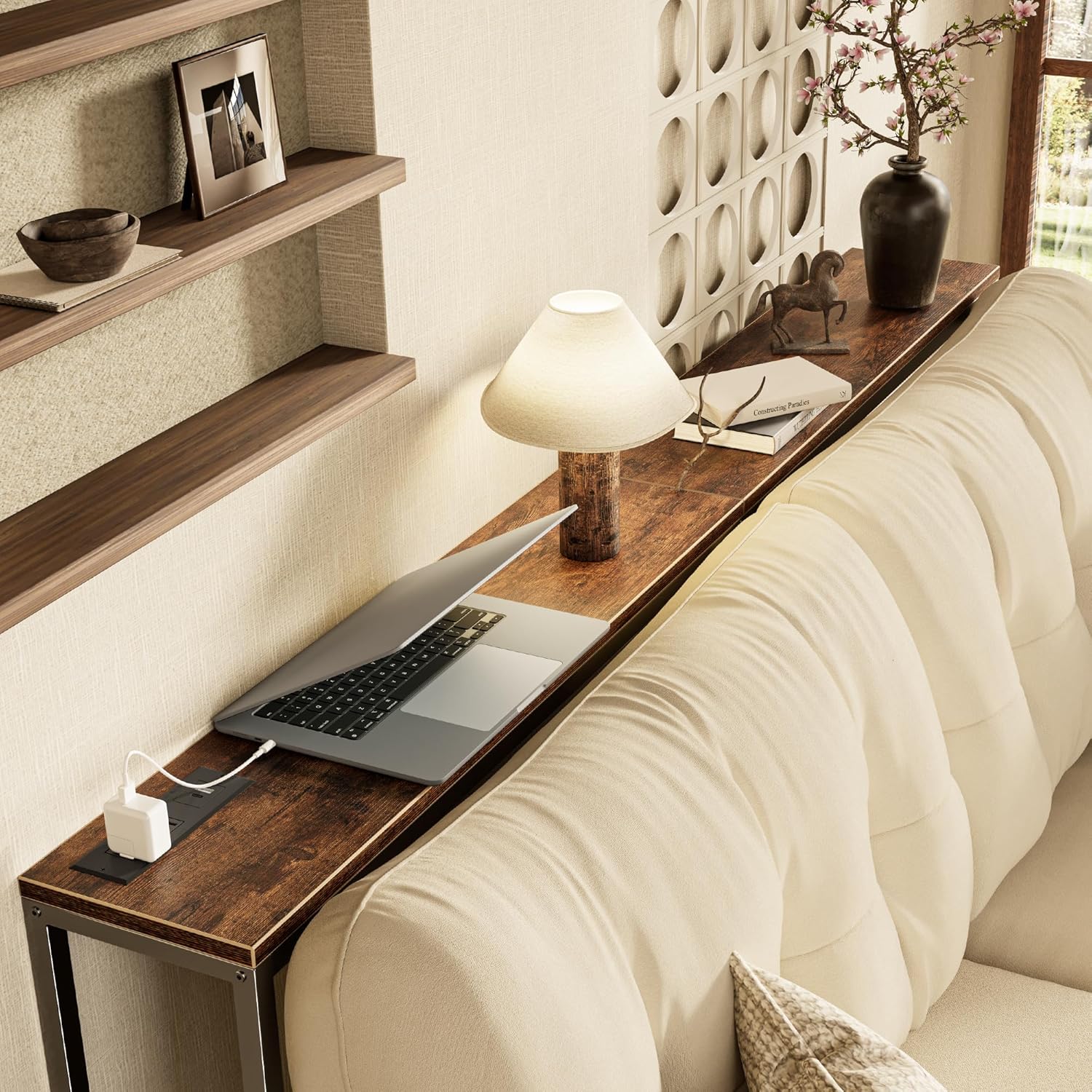 SUPERJARE 70 Inch Console Table with Outlet, Sofa Table with Charging Station, Narrow Entryway Table, Skinny Hallway Table, for Living Room, Rustic Brown