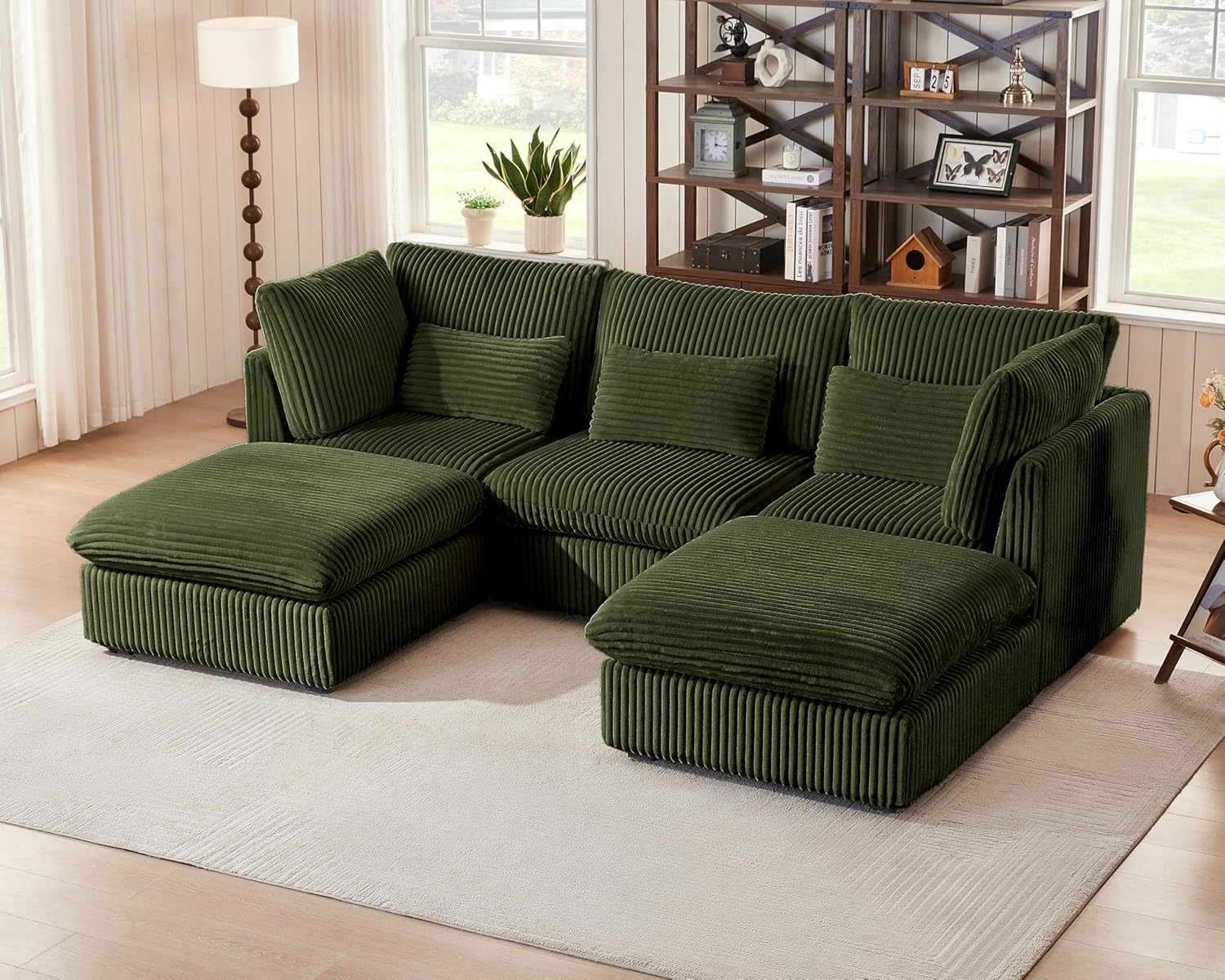 115" Oversized Corduroy Couch Modular Sectional Sofa, Washable Cloud Couch Sectional with 2 Ottoman, 5 Seater Sectional Couches for Living Room, Fully Cover Removable, U Shaped, Corduroy, Green