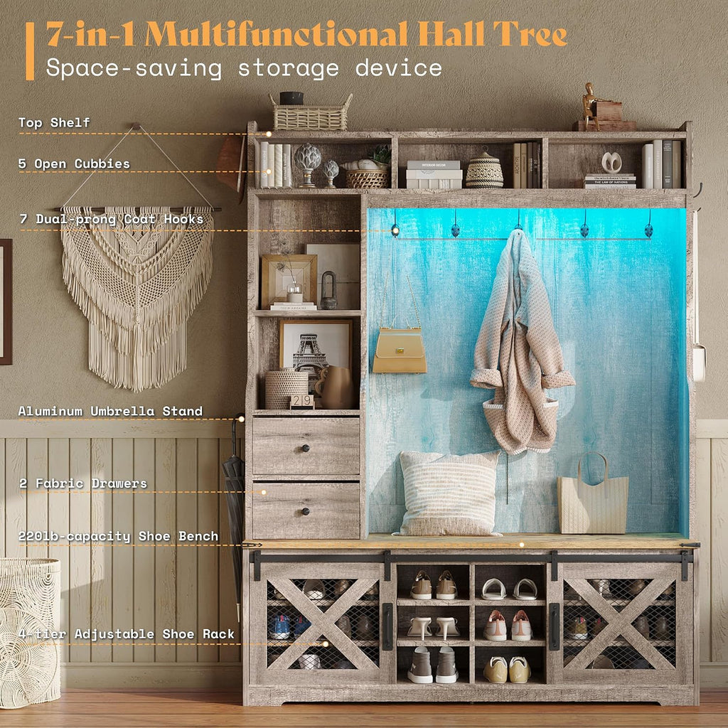 AMERLIFE 75"H 7-in-1 Farmhouse Hall Tree with Bench and shoe storage, LED Entryway Bench with Coat Rack, 12 Shoe Cubbies, 2 Drawers, Barn Doors & Adjustable Shelf, Mudroom Hallway Cabinet, Rustic Grey