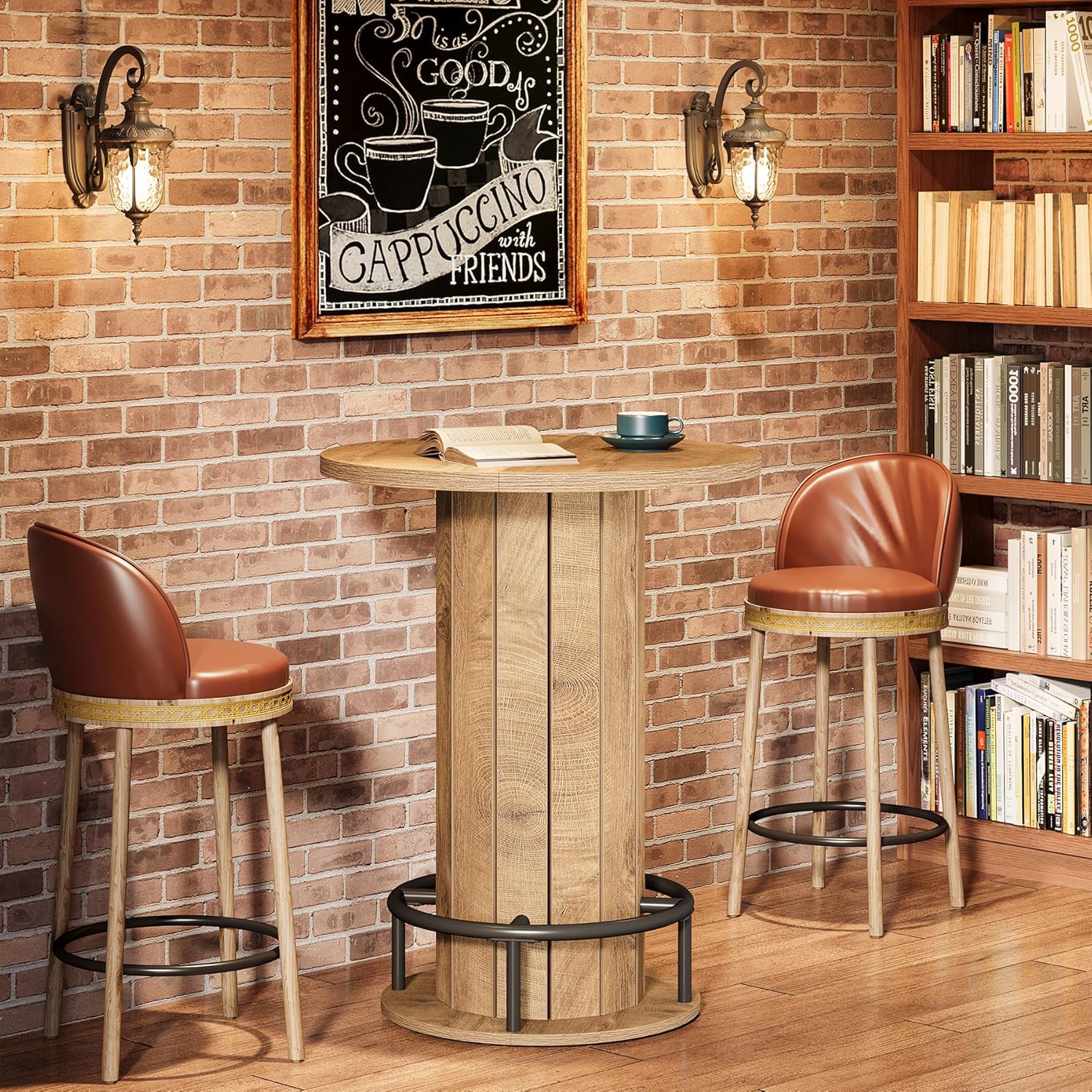 Tribesigns Small Round Dining Table, Bar Height Circle Kitchen Table with Footrest, for Small Spaces, Dining Room, Bar, Bistro, Pub, Brown (Only Table)