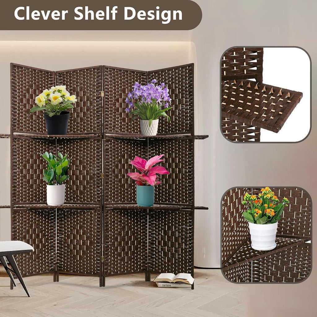 FDW Room Divider 4 Panel Wooden Screen Folding Portable Partition Screens Wood with Removable Storage Shelves Color, Dark Brown