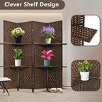 FDW Room Divider 4 Panel Wooden Screen Folding Portable Partition Screens Wood with Removable Storage Shelves Color, Dark Brown