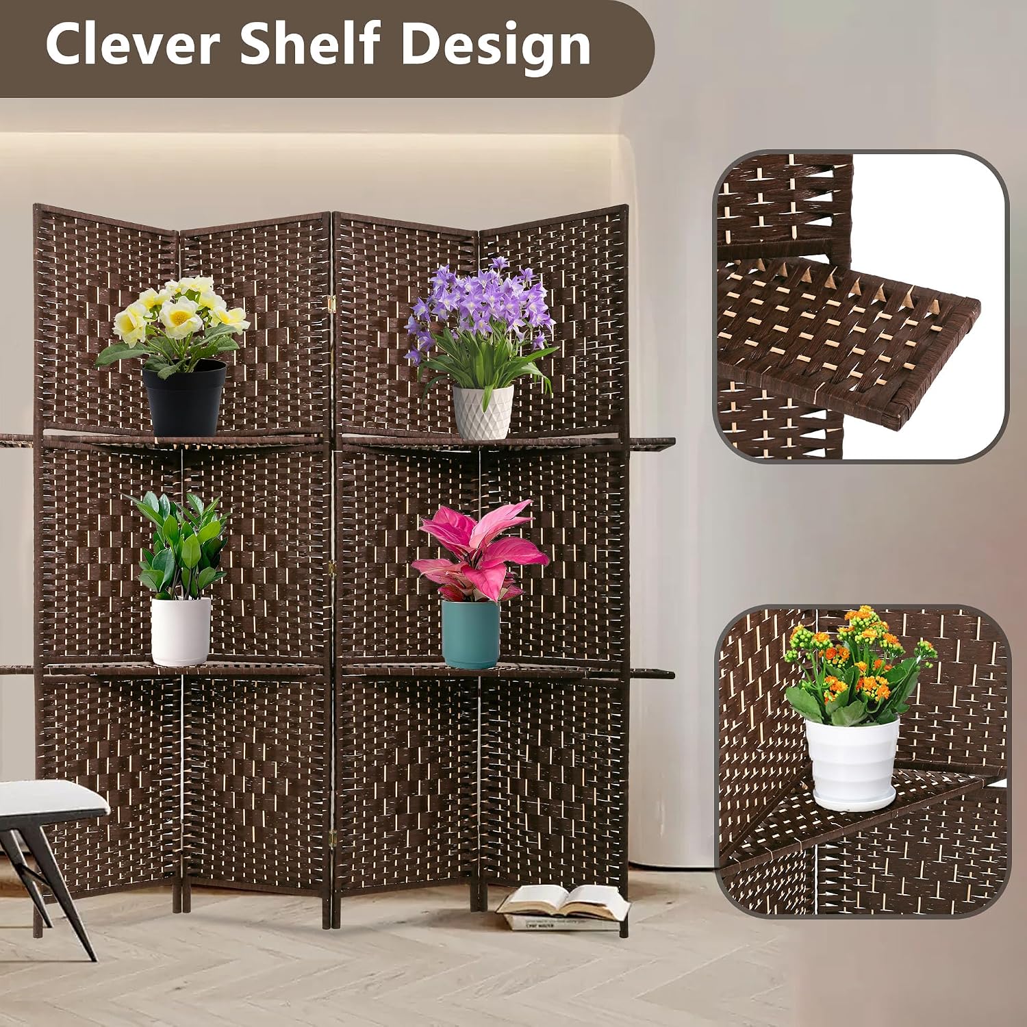 FDW Room Divider 4 Panel Wooden Screen Folding Portable Partition Screens Wood with Removable Storage Shelves Color, Dark Brown