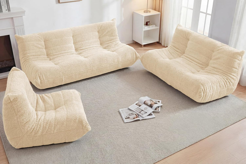 Bean Bag 3-Seater Chair Big Sofa Beanbag Chair for Adults Fireside Chair Bean Bag Lounger with Memory Foam Filled for Home,Apartment or Gaming Venue（Khaki Teddy）