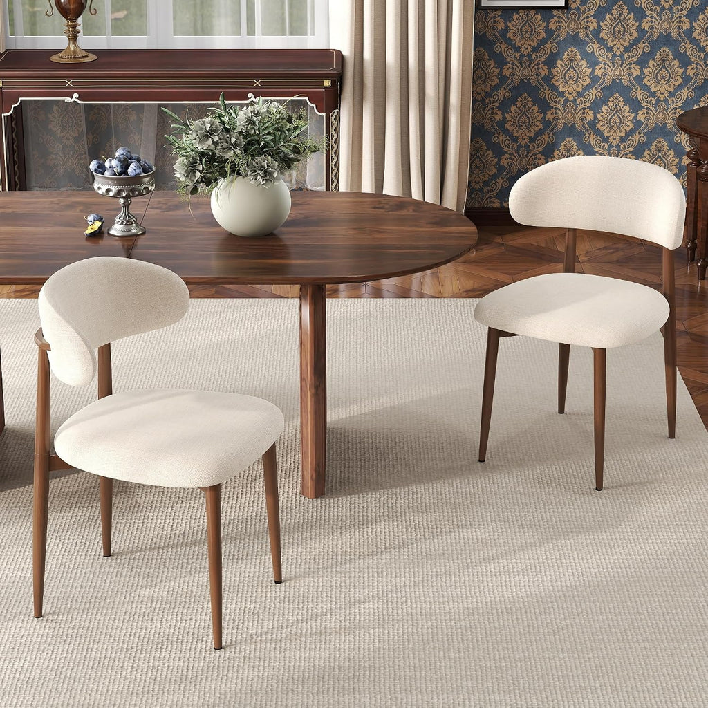 Beige Dining Chairs Set of 2, Modern Upholstered Dining Room Chair with Linen Fabric, Farmhouse Kitchen Side Chairs for Home, Apartment, Restaurant, Walnut Metal Legs(Chair Only)
