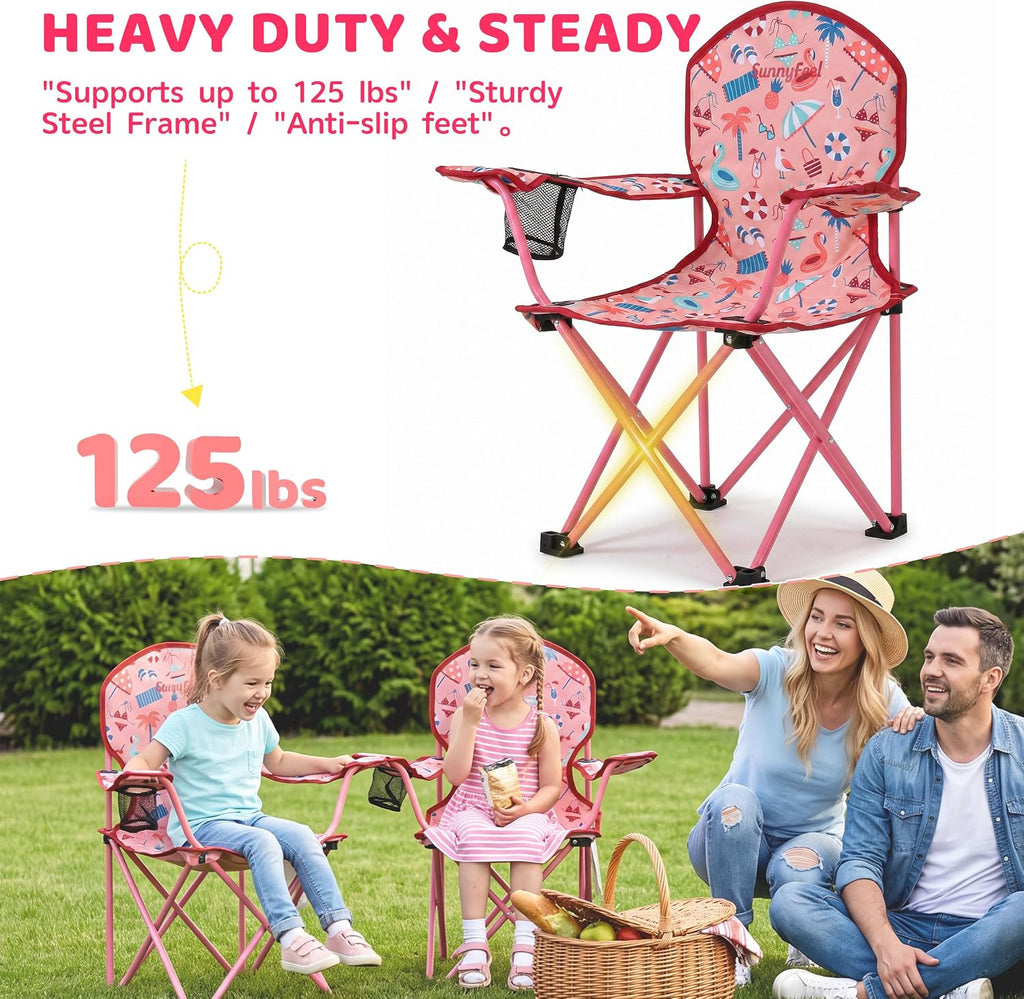 SUNNYFEEL Kids Folding Camping Chair for Ages 4-8 Boys and Girls, Pink | Dual-lock safety prevents collapse, 125 lbs capacity, 3.5 lbs Lightweight with Carry Bag & Cup Holder for Beach, Camping