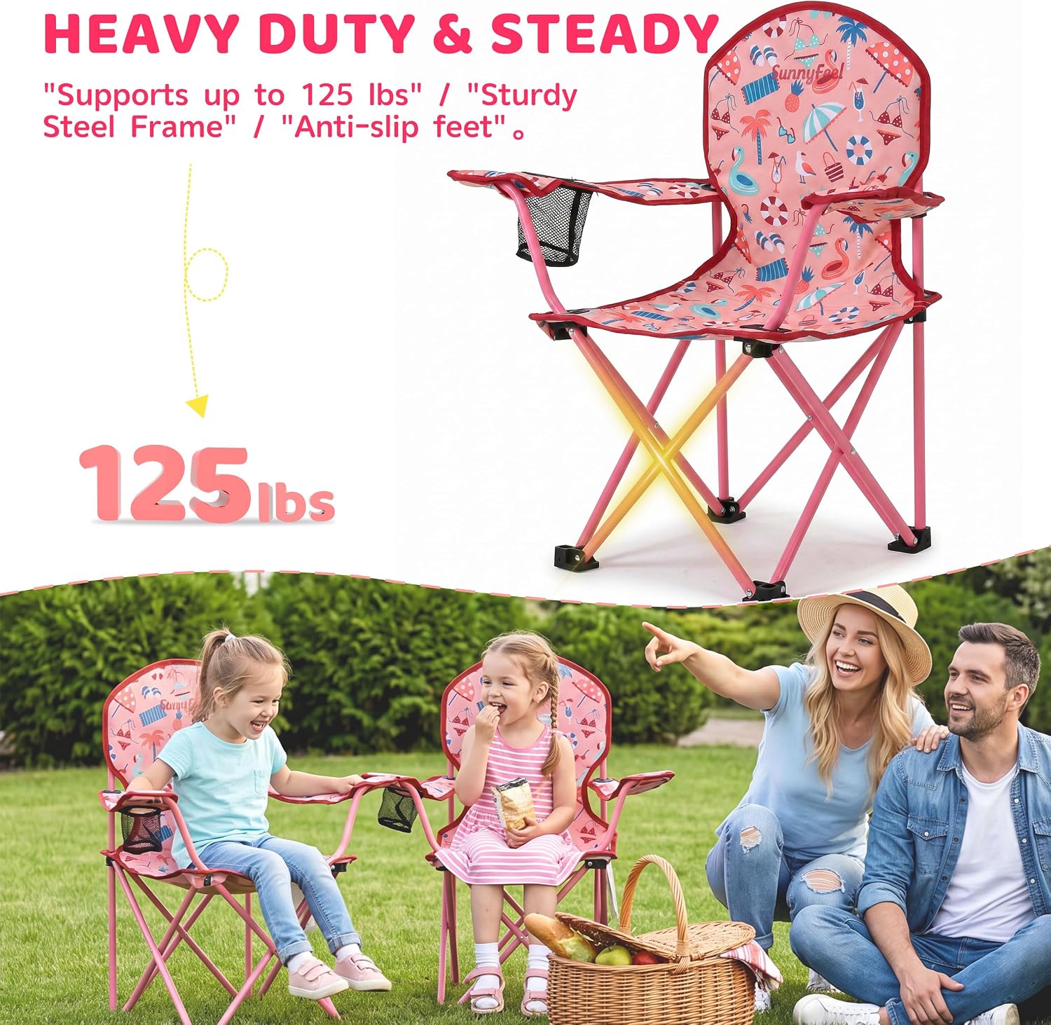 SUNNYFEEL Kids Folding Camping Chair for Ages 4-8 Boys and Girls, Pink | Dual-lock safety prevents collapse, 125 lbs capacity, 3.5 lbs Lightweight with Carry Bag & Cup Holder for Beach, Camping