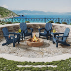 Garvee Folding Adirondack Chair with Ottoman, HDPE Outdoor Patio Chair with Cup Holder, All Weather Resistent Wooden Textured for patios, Decks, Gardens, fire Pit, Navy Blue