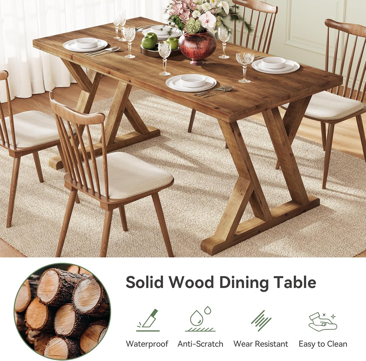 Solid Wood Dining Table for 4-6 People, 63 Inches Wooden Farmhouse Rectangular Kitchen Dinner Table with Heavy-Duty Legs for Home, Living Room, Dining Room, Rustic Brown