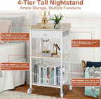 4-Tier Small Side Table with Storage Drawer, Tall Nightstand with Wheels & Basket, Rolling Bathroom Table for Small Spaces, Bedroom, Living Room, Dorm, White and Natural