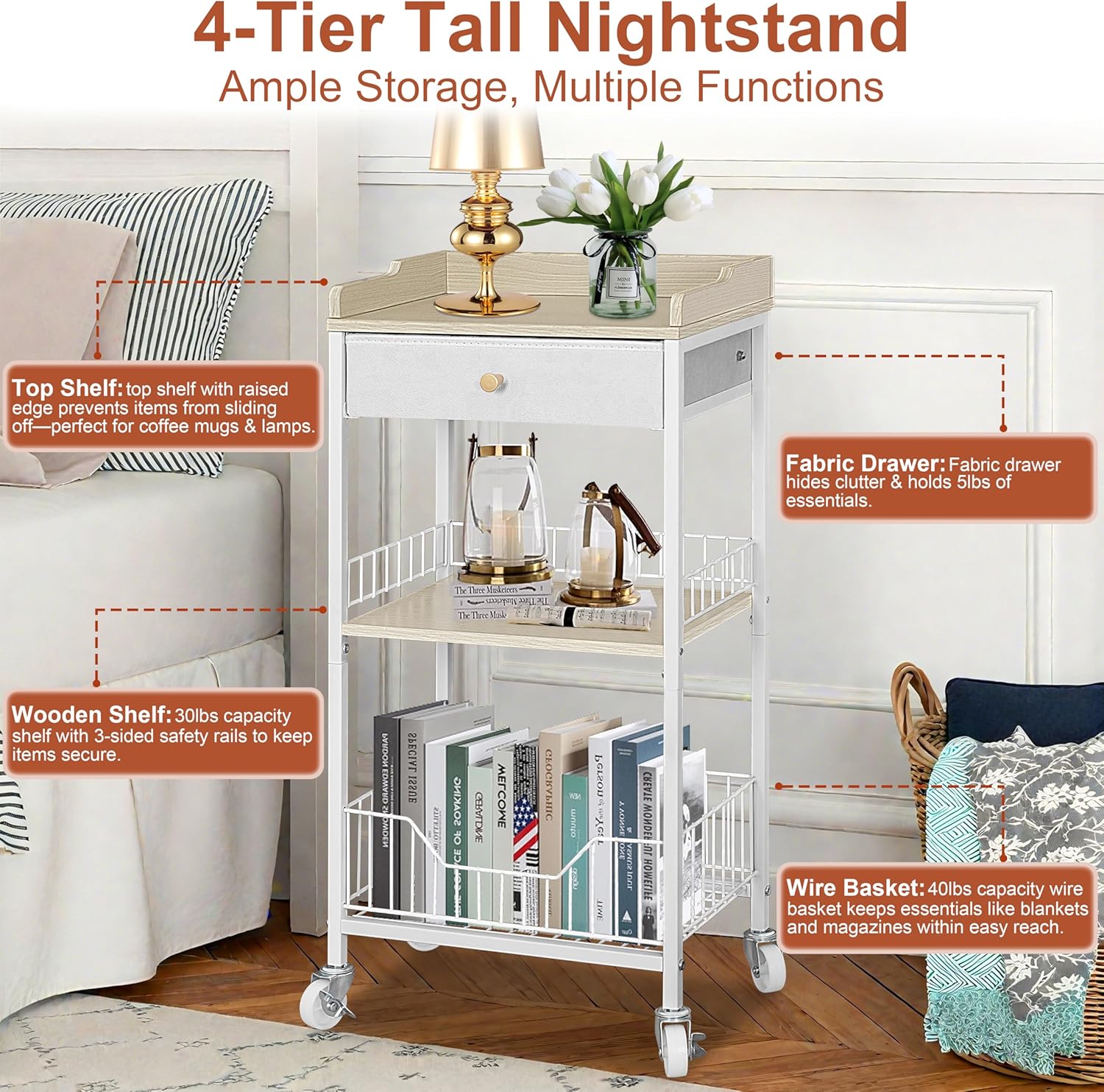 4-Tier Small Side Table with Storage Drawer, Tall Nightstand with Wheels & Basket, Rolling Bathroom Table for Small Spaces, Bedroom, Living Room, Dorm, White and Natural