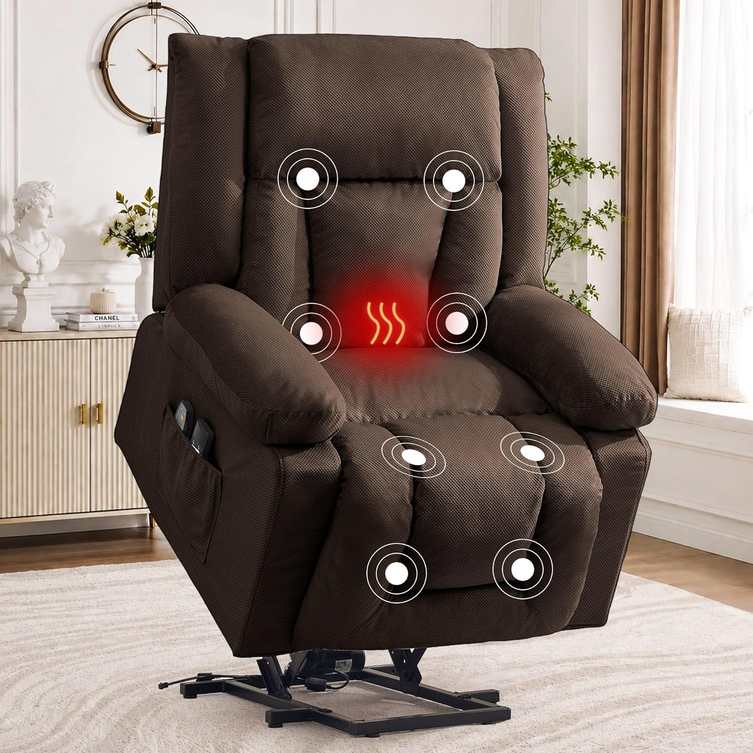 Korser Dual Motor Power Lift Recliner Chair for Elderly with Massage and Heat, Oversized Electric Recliner with Side Pockets, Living Room, Waffle, Brown