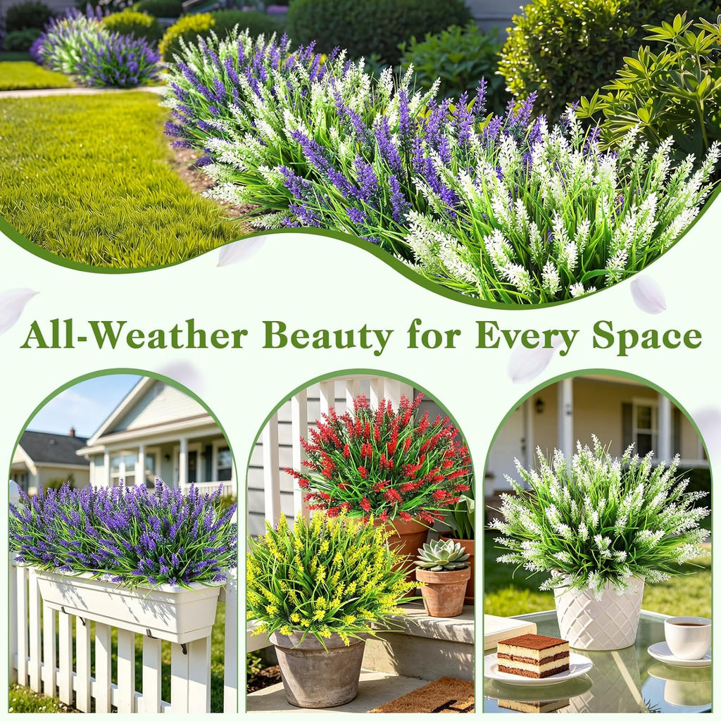 16 Bundles Faux Outdoor Plants, UV Resistant Fake Lavender & Monkey Grass, Realistic Artificial Flowers & Greenery for Outdoor Planters, Porch, Patio, Farmhouse Decor (Purple)