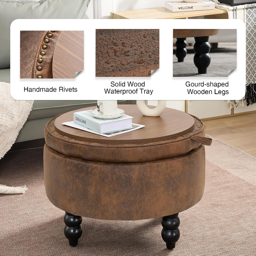 30 Inch PU Leather Round Storage Ottoman with Tray, Modern Upholstered Tufted Coffee Table with Storage, Large Ottoman Footrest Stool for Living Room, Bedroom, Dorm, Light Brown