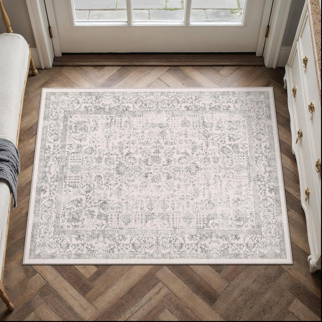 PureCozy Gray Entryway Area Rug 2x3 Door Mat Machine Washable Kitchen Vintage Distressed Non Slip Carpet Indoor Grey Retro Floral Accent Throw Small Rug for Bathroom Office Bedroom Dining Living Room