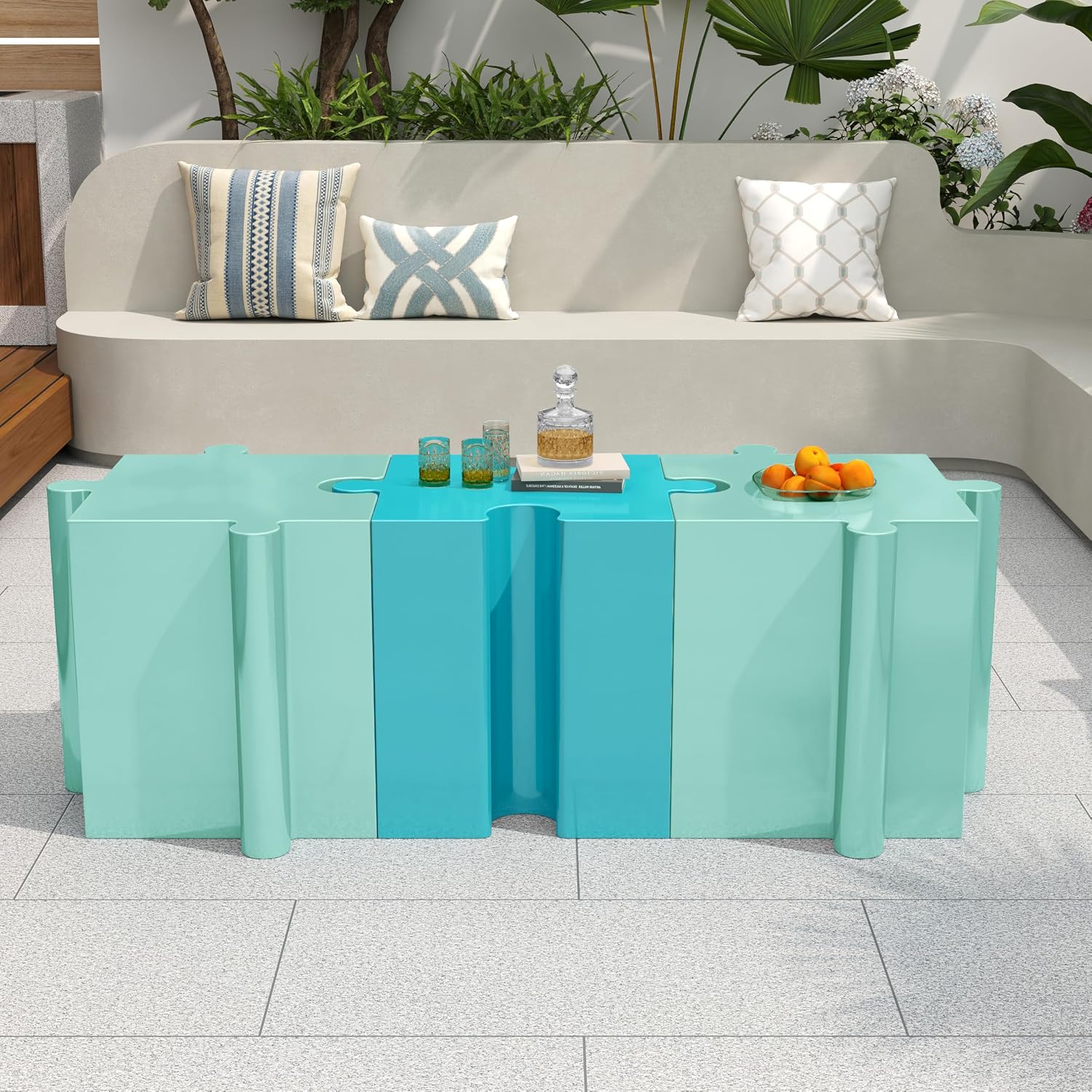 Merax 3 Piece Puzzle-Like Side Accent Table Set, Modular Accent Tables with Interlocking Design, Modern Creative Connectable End Table for Living Room Bedroom Patio Beach Outdoor, Green+Blue+Green