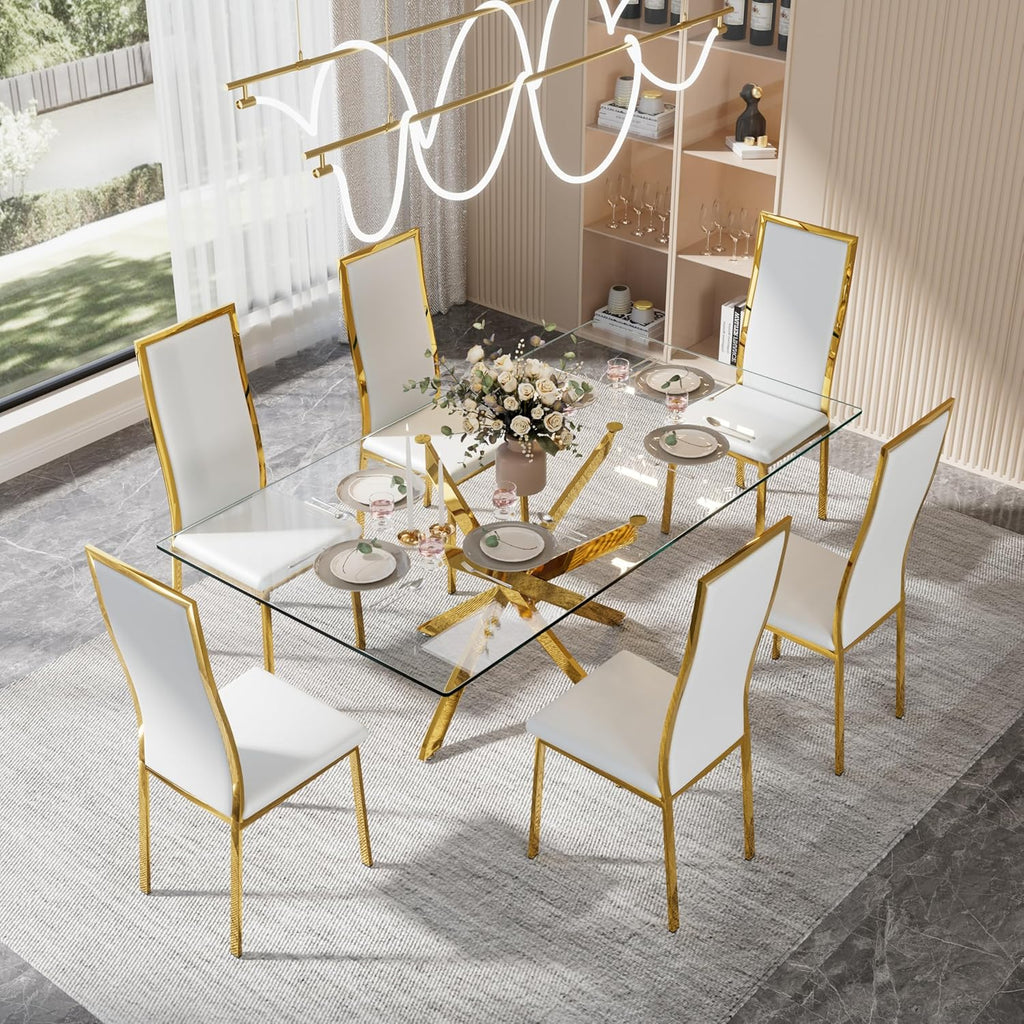 Modern Dining Chairs Set of 4 White Faux Leather with Chrome Gold Metal Legs, Curved High Back Design & Cloud Cushioning, Mid-Century Kitchen Chairs with Non-Slip Feet (Easy Assembly)