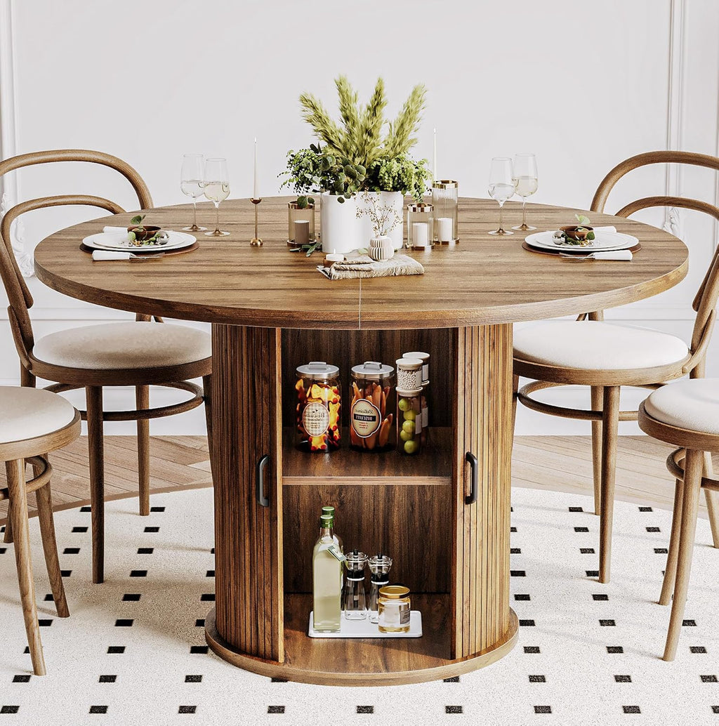 47 Inch Round Dining Table with Storage, 2-Layer Shelf & Wood Slide Door, Farmhouse Style, Waterproof Top, 330 lbs Capacity, for 4-6 Person, Easy Assembly, Walnut
