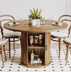 47 Inch Round Dining Table with Storage, 2-Layer Shelf & Wood Slide Door, Farmhouse Style, Waterproof Top, 330 lbs Capacity, for 4-6 Person, Easy Assembly, Walnut