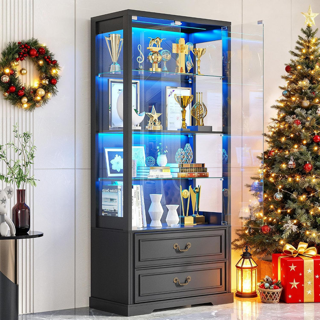 TAGELIER 67" Tall Display Cabinet with Glass Doors and 2 Drawers | Curio Cabinet with Motion Sensor, Led Light Display Cases for Collectibles and Books, China Display Shelf for Living Room