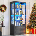 TAGELIER 67" Tall Display Cabinet with Glass Doors and 2 Drawers | Curio Cabinet with Motion Sensor, Led Light Display Cases for Collectibles and Books, China Display Shelf for Living Room