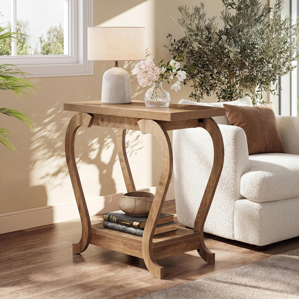 Tribesigns Narrow End Table with Storage, 2-Tier Wooden Side Table for Small Spaces, Slim Nightstand Bedside Table for Living Room & Bedroom, Rustic Brown, 23.6 Inch (1, Brown)