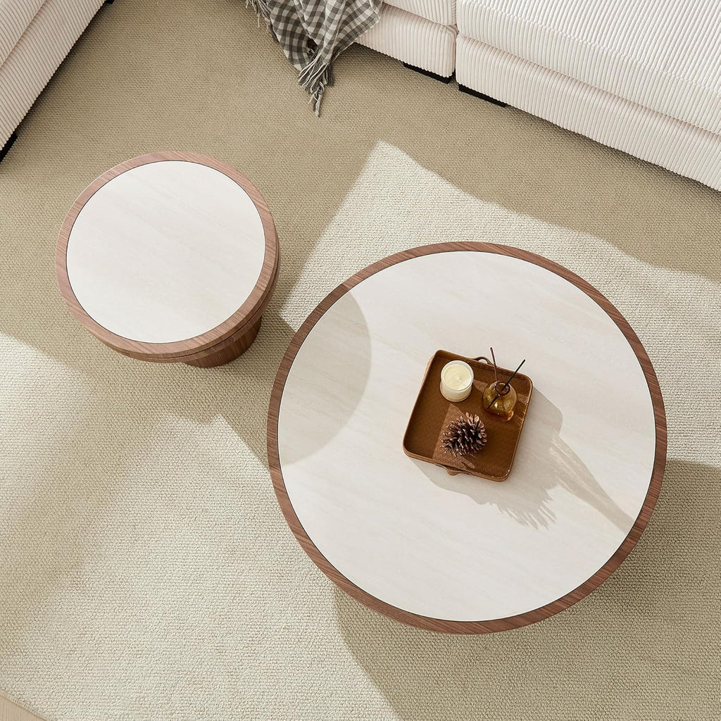 Round End Table, 19.49'' Mid Century Modern Faux Marble Side Table, Circle Bedside Tables Drink Table Wood Nightstand for Small Spaces, Living Room Walnut