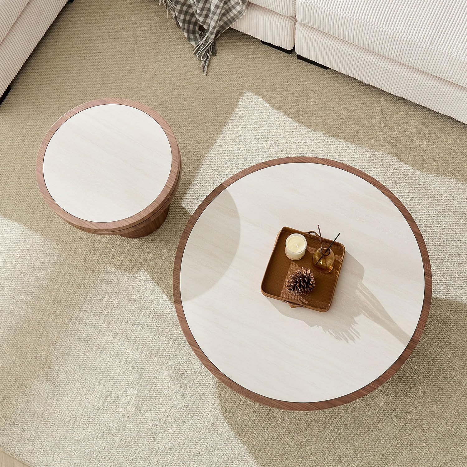 Round End Table, 19.49'' Mid Century Modern Faux Marble Side Table, Circle Bedside Tables Drink Table Wood Nightstand for Small Spaces, Living Room Walnut