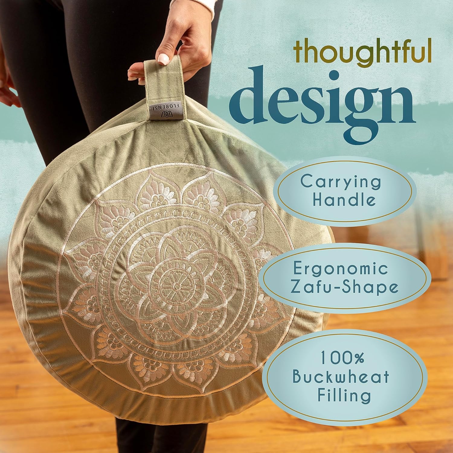 Florensi Meditation Cushion - Comfortable Floor Pillow - Traditional Tibetan Meditation Pillow with Beautiful Velvet Cover - Large Floor Cushion Seating for Adults - Premium Yoga Buckwheat Bolster