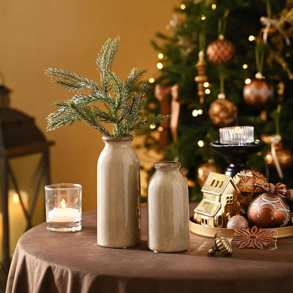 VICTOR & TERESA Green Ceramic Vases Home Decor, Farmhouse Vase for Flowers, Flower Vase Set of 2, Rustic Decorative Vases for Pampas Grass, Table, Living Room, Shelf, Centerpieces, 8 inch
