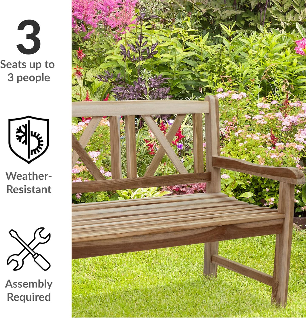 Sunnydaze 2-Person Outdoor Bench for Front Porch or Park - Wooden Teak Patio Garden Bench with Backrest - 675 lb Weight Capacity - Crossback