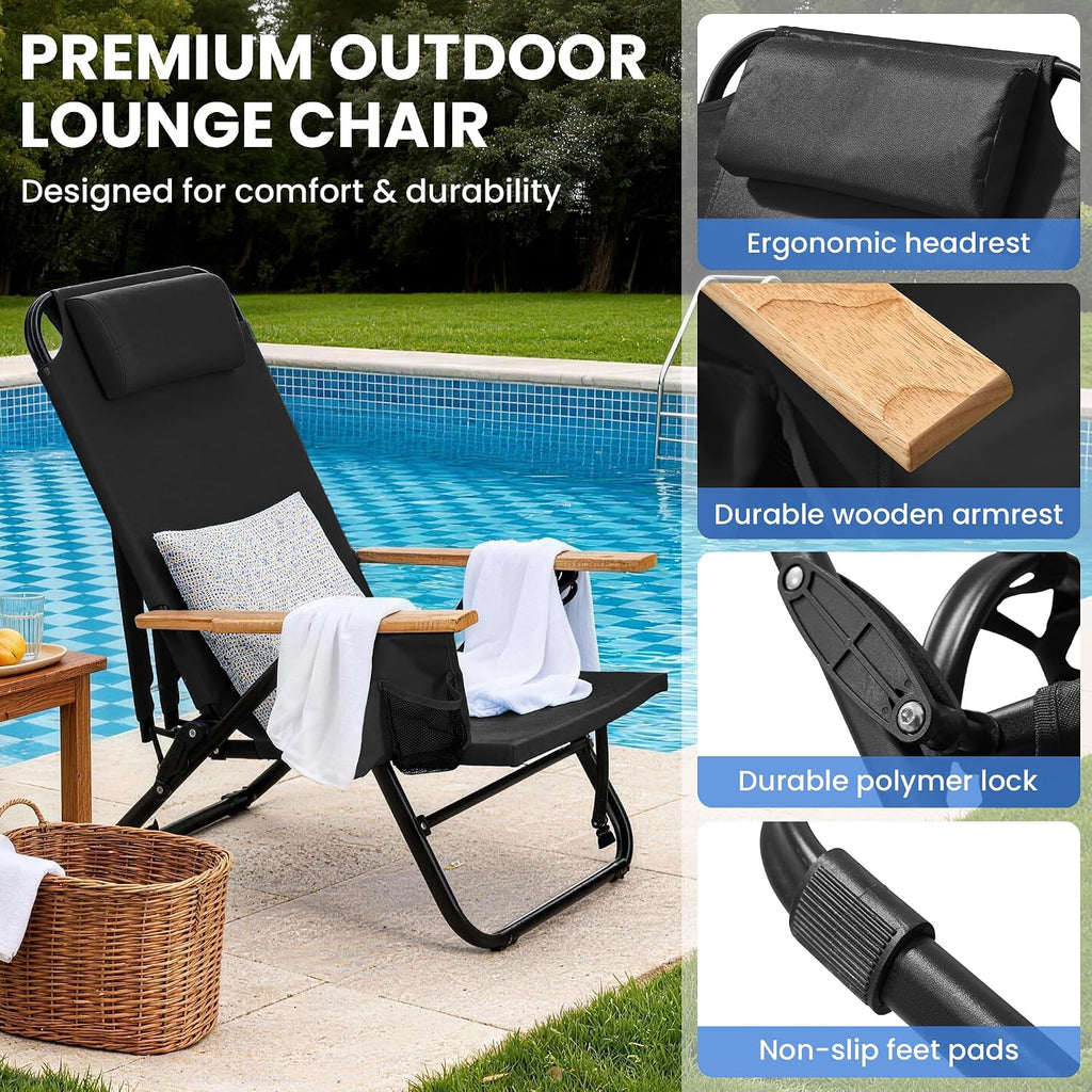 2 Pack Premium 5-Position Reclining Camping Chair - Portable Folding Lightweight Outdoor Chair with Wooden Armrests, Headrest & Pockets, 350lbs Heavy Duty for Beach, Patio, Backyard, Black