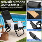 2 Pack Premium 5-Position Reclining Camping Chair - Portable Folding Lightweight Outdoor Chair with Wooden Armrests, Headrest & Pockets, 350lbs Heavy Duty for Beach, Patio, Backyard, Black