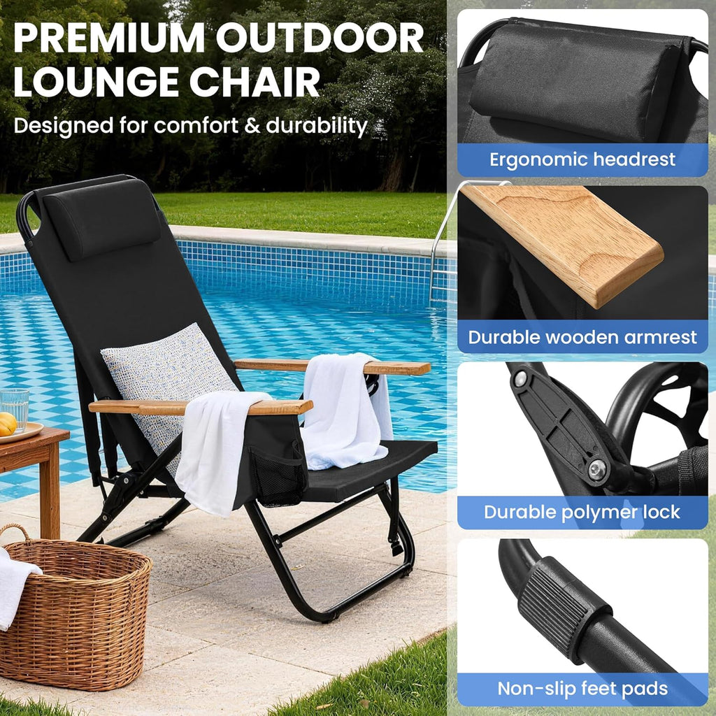 Premium Portable Camping Chair 5-Position Recliner Beach Folding Lightweight Outdoor Chair with Wooden Armrests, Headrest, Multi-Pockets Heavy Duty 350lbs, for Patio, Backyard, Black