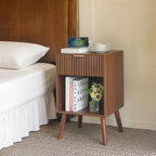 Fultyle Nightstand with Charging Station, Fluted Night Stand with USB and Type C Ports, Mid Century Modern Bedside Table with Drawer and Storage Shelf for Bedroom, Living Room, Office (Walnut Brown)