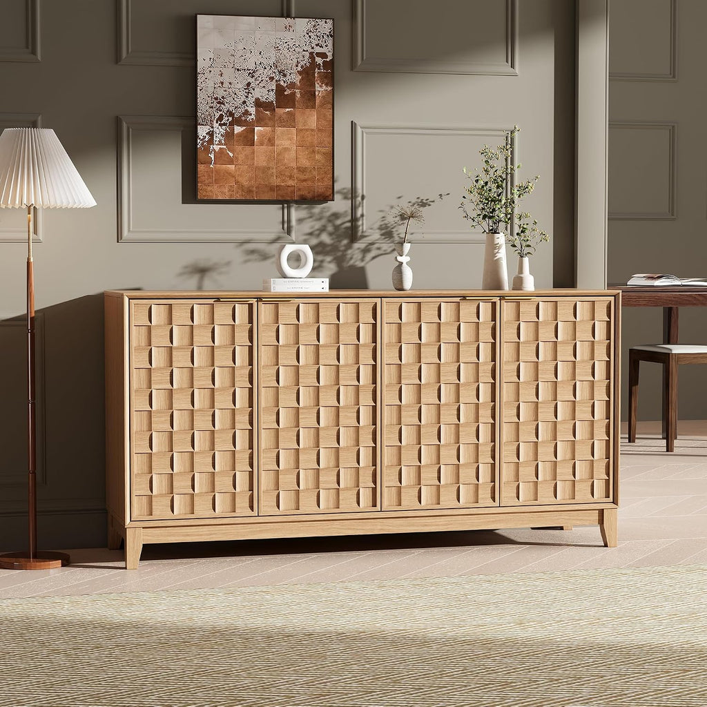 MALOL Fluted Sideboard Buffet Cabinet with Storage, 59" Wood Buffet Table with 4 Doors & Adjustable Shelves, Kitchen Dining Room Coffee Bar Cabinet, Mid Century Modern Style, Natural Wood